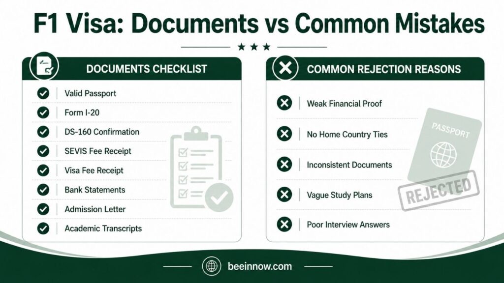F1 USA student visa documents checklist and common rejection reasons for international students 2026