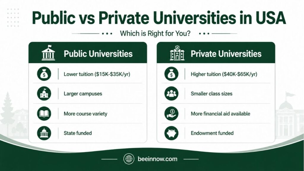 Public vs private universities in USA comparison infographic for international students 2026