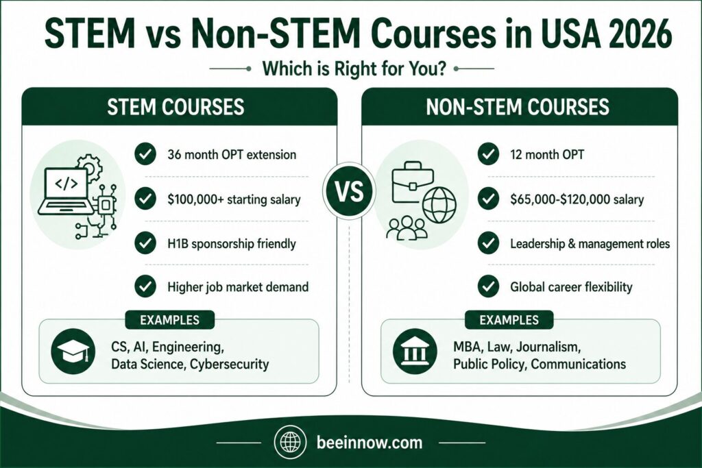 STEM vs non-STEM courses comparison for international students in USA 2026 — OPT benefits and salary guide.