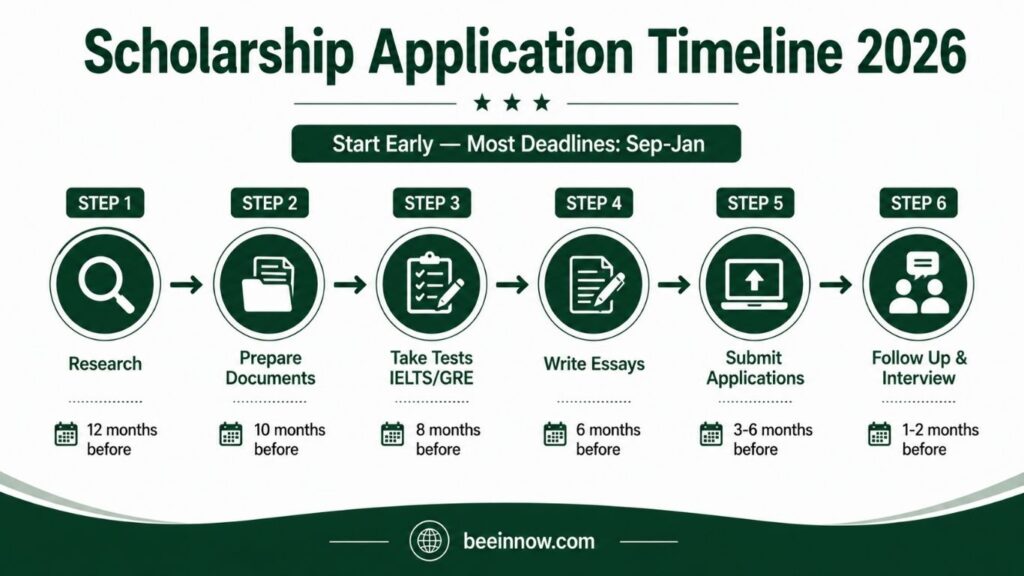Scholarship application timeline for international students in USA 2026 — 6 step planning guide
