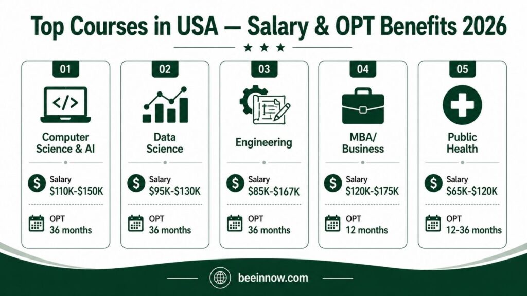 Top courses to study in USA for international students 2026 — salary comparison and OPT benefits infographic