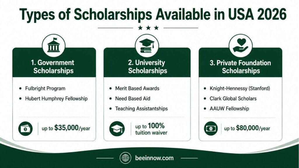 Types of scholarships for international students in USA 2026 — government university and private foundation awards