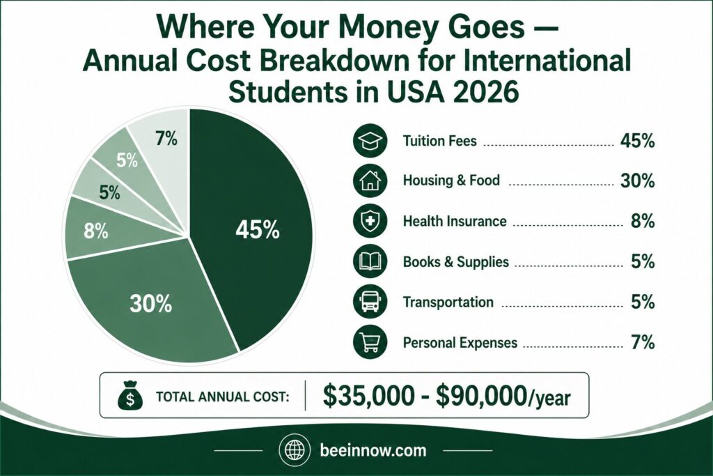 Annual cost breakdown pie chart for international students in USA 2026 — tuition housing insurance and living expenses
