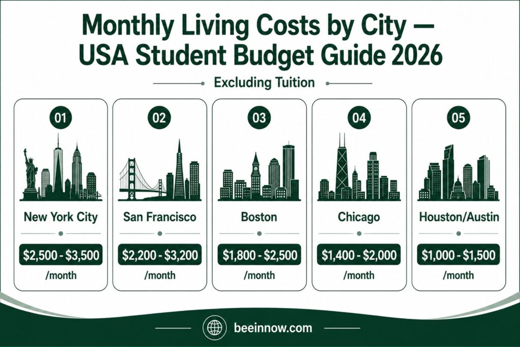 Monthly living costs by city for international students in USA 2026 — New York San Francisco Boston Chicago Houston comparison