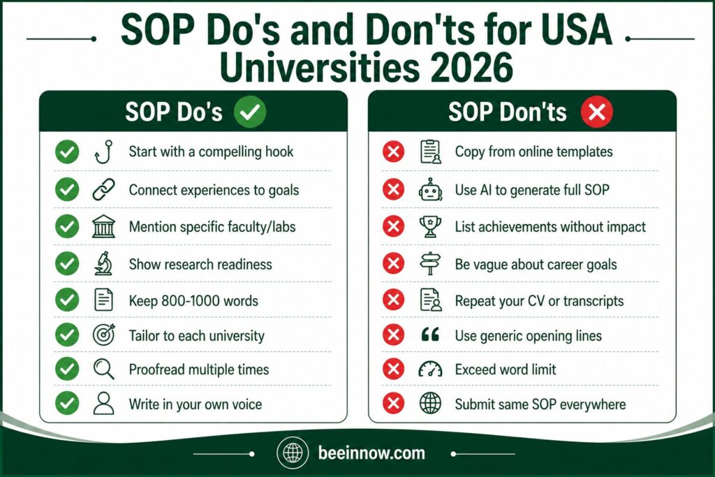 SOP dos and donts for USA universities 2026 — complete checklist for writing perfect statement of purpose for international students