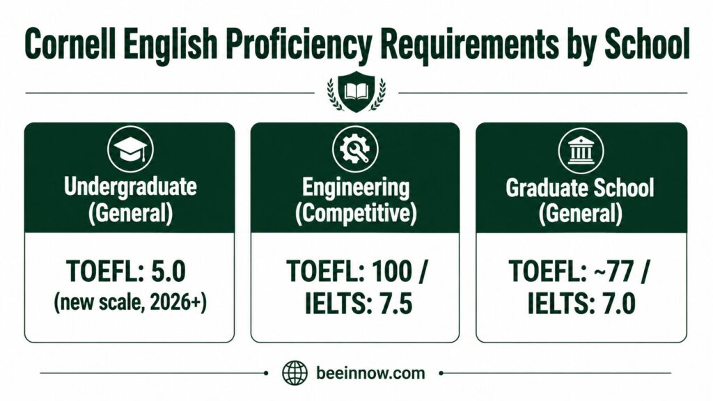 Cornell University TOEFL IELTS requirements by school 2026