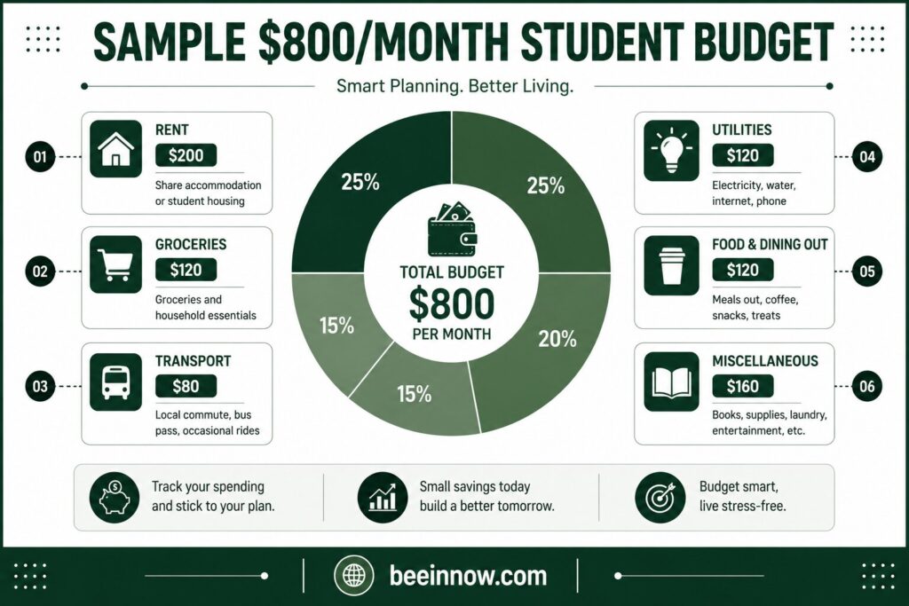 sample $800 monthly student budget breakdown for international students in USA