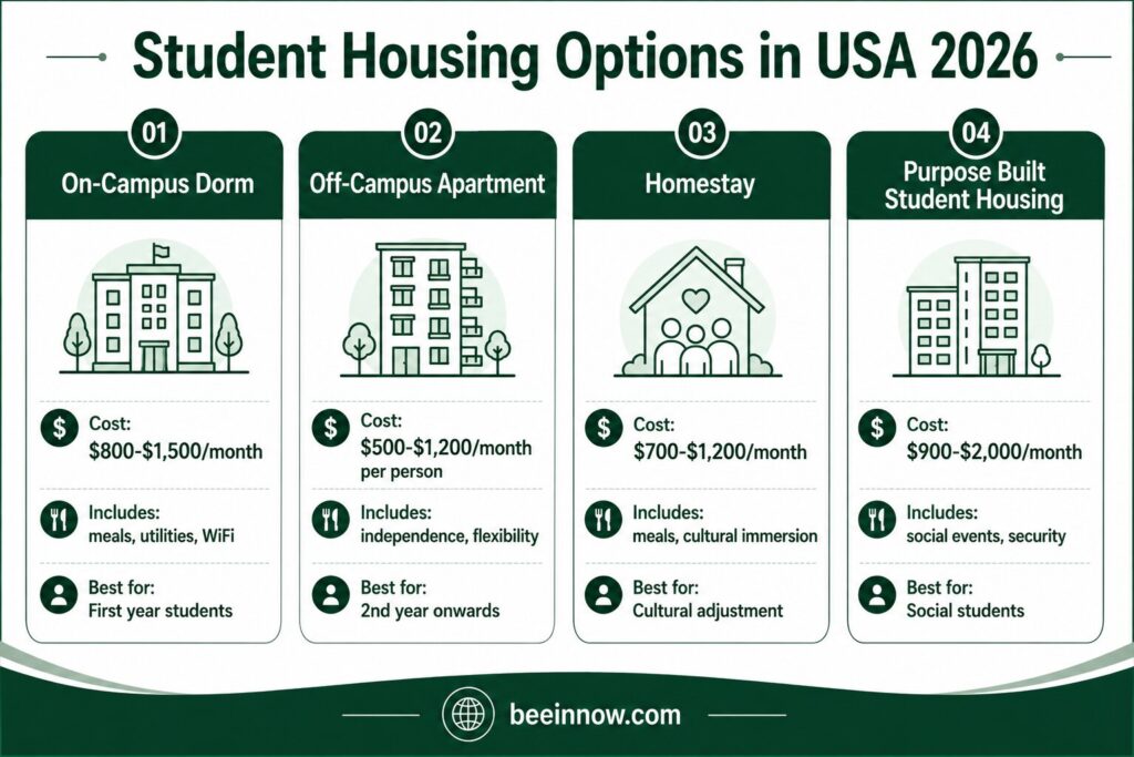 Student housing options in USA 2026 — on campus dorm off campus apartment homestay and purpose built student housing comparison
