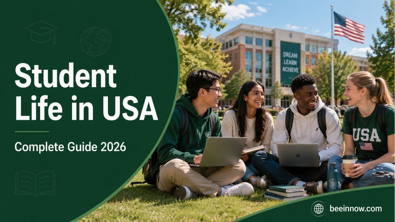 Student life in USA for international students 2026 — diverse students on university campus complete guide to housing jobs and campus culture