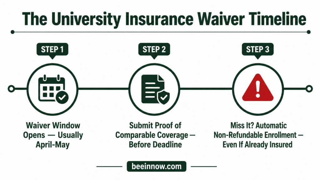 university health insurance waiver deadline timeline for international students