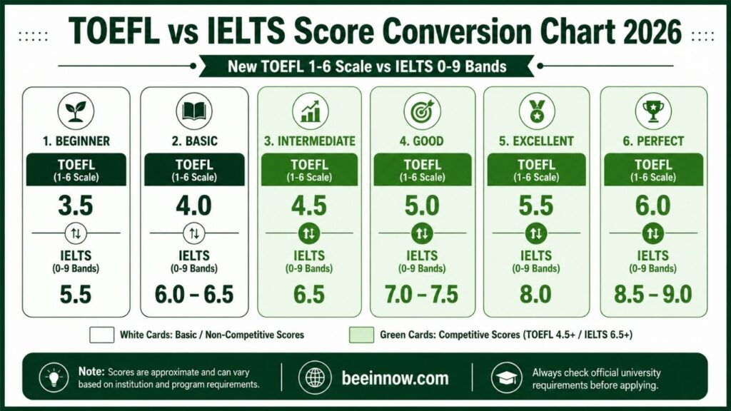 TOEFL vs IELTS score conversion chart 2026 — new TOEFL 1-6 band scale compared to IELTS 0-9 bands for USA university admissions